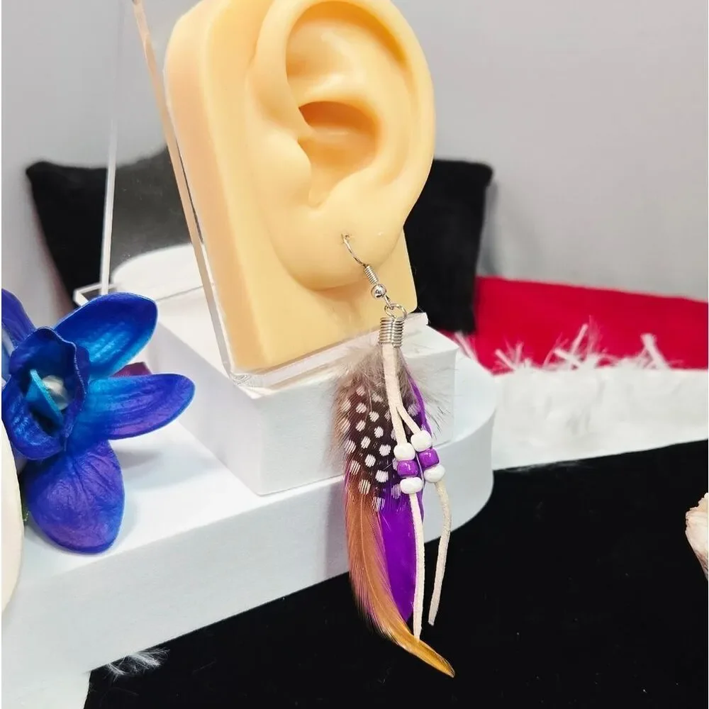 Purple Feather Earrings – Handmade Boho Beaded Tassel Dangles Hippie Bohemian